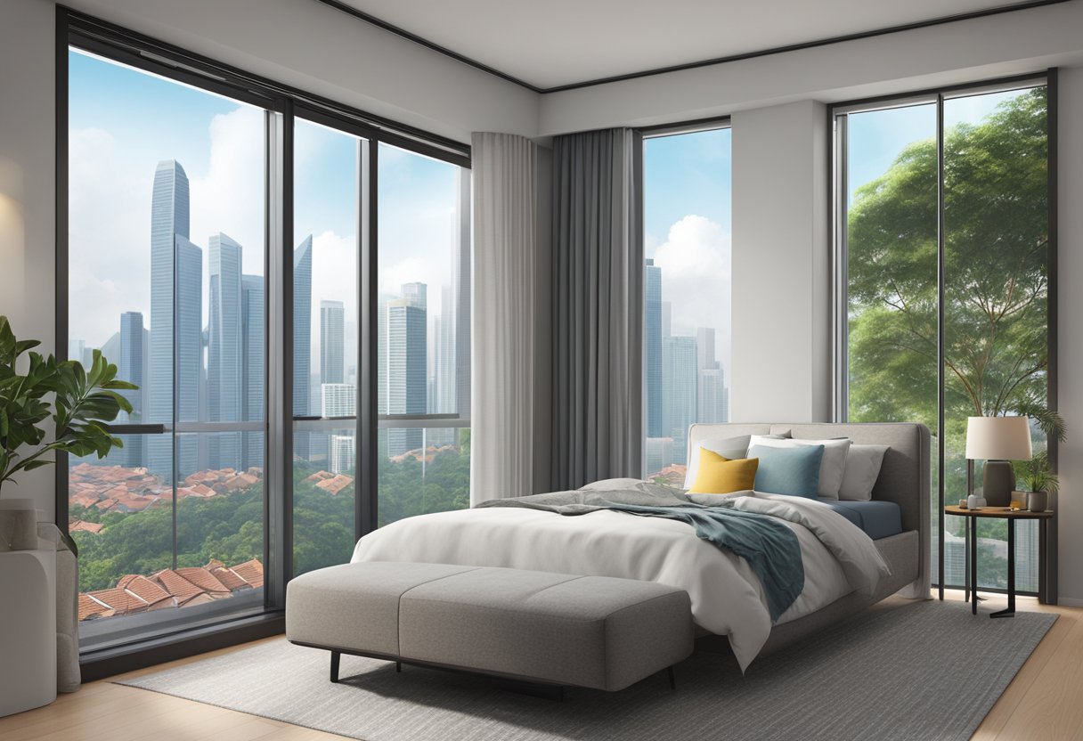 A modern apartment window with an invisible grille installed, overlooking the city skyline of Singapore