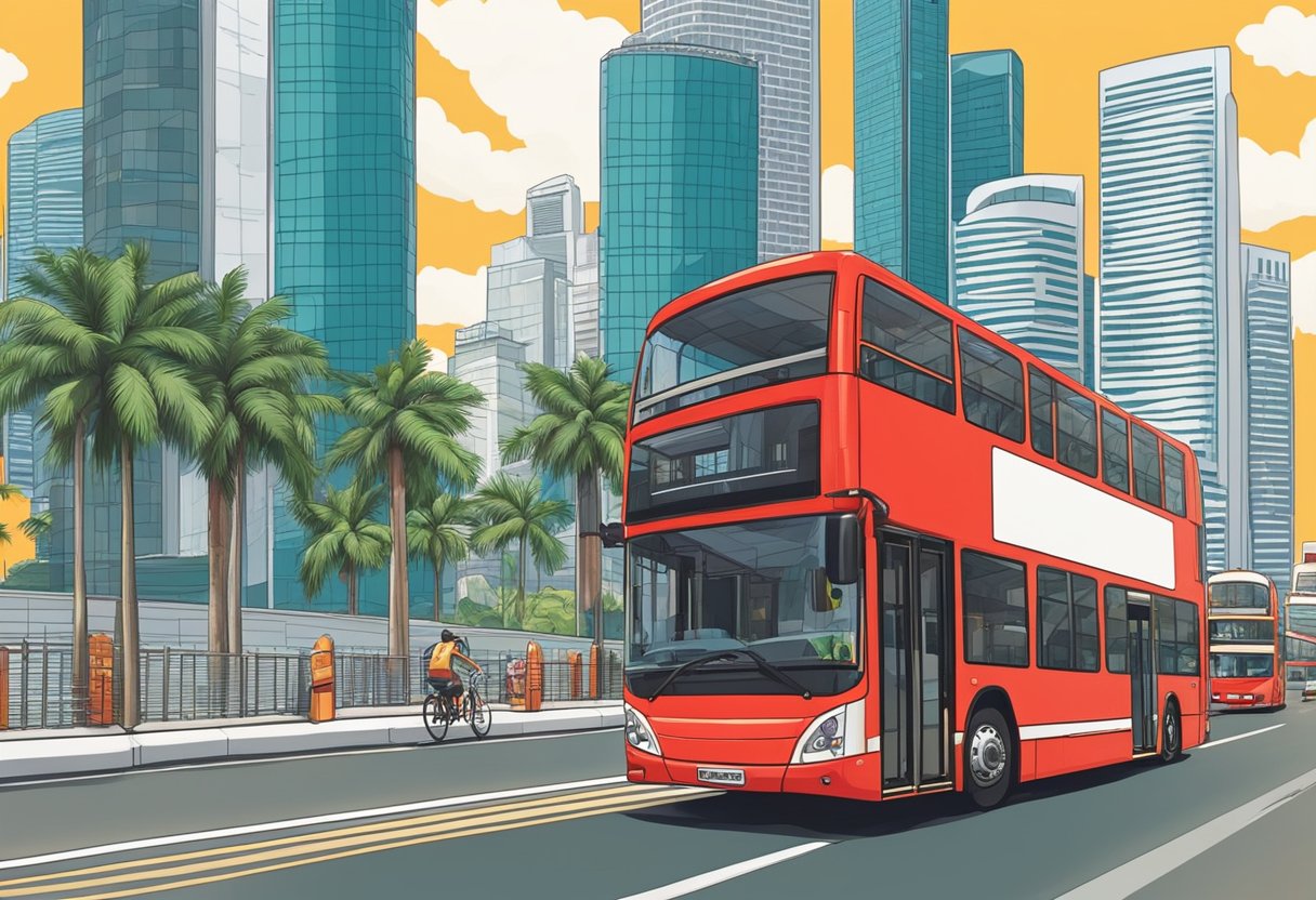 A big red double-decker bus drives through the bustling streets of Singapore. Skyscrapers and palm trees line the road, while the iconic Marina Bay Sands hotel looms in the background