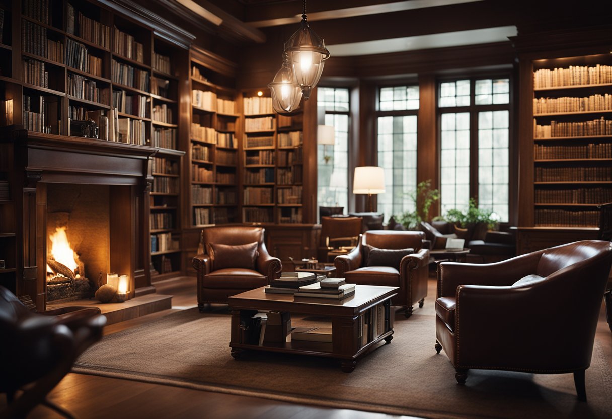 A cozy library with a crackling fireplace, vintage leather armchairs, and shelves of books illuminated by soft, warm lighting. A large wooden desk with a modern computer sits in the corner, blending technology with traditional decor