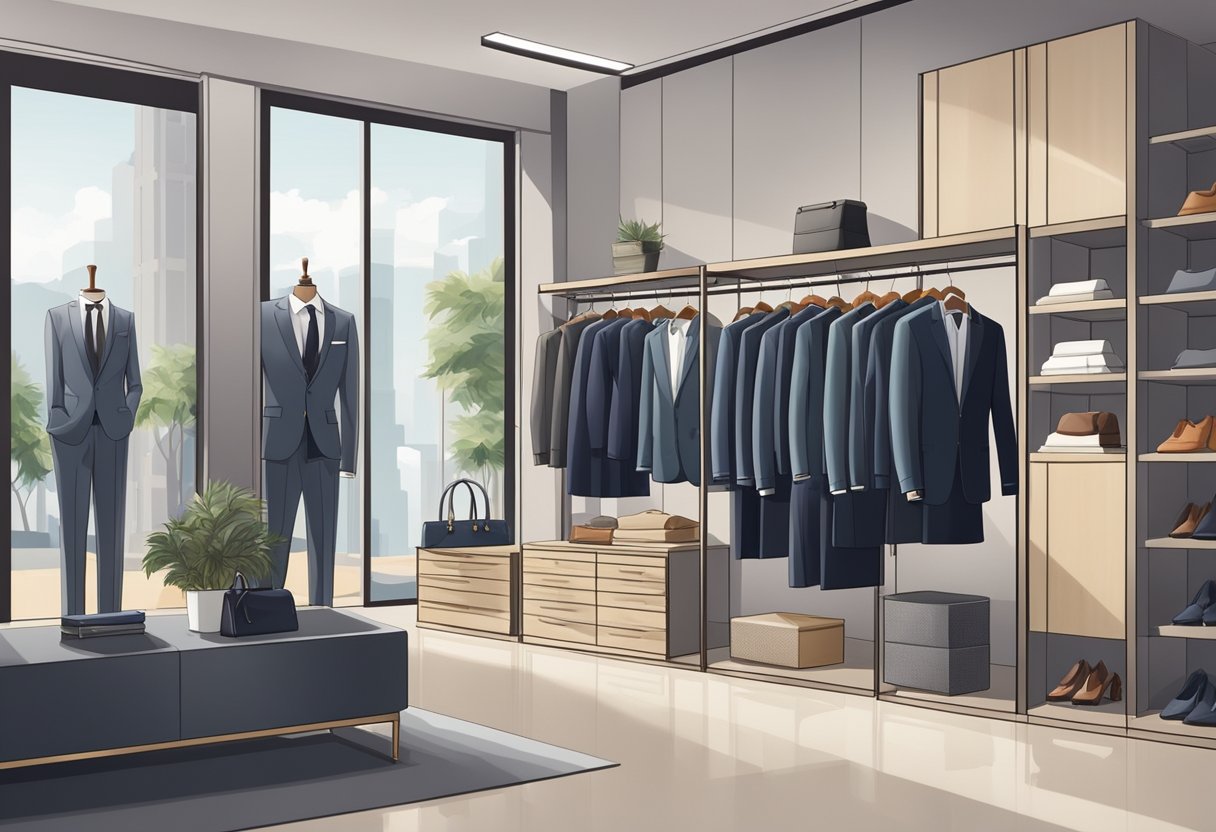 Elegant suits neatly displayed on racks in a modern boutique setting, with stylish accessories and fitting rooms in the background