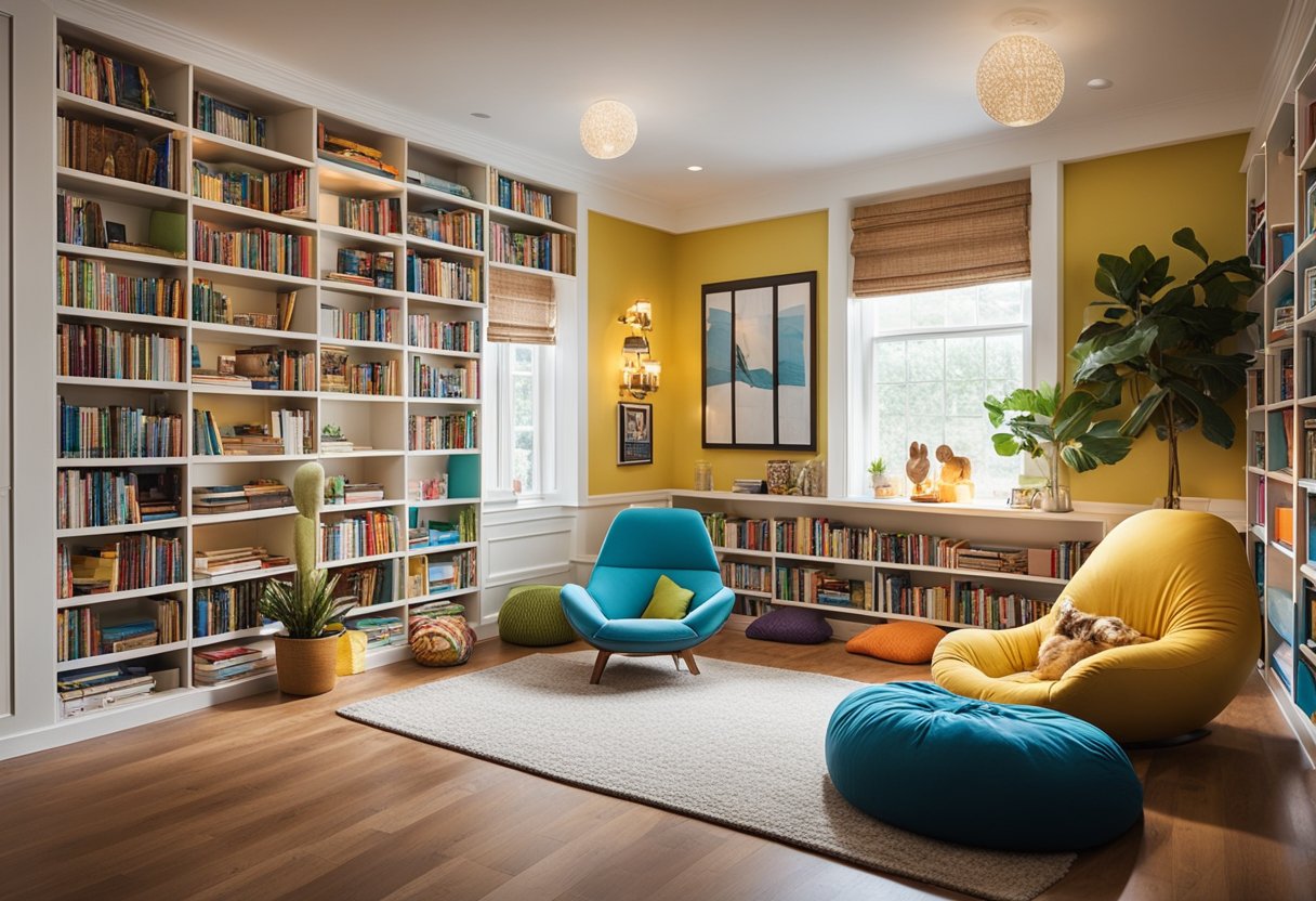 A cozy home library with colorful bookshelves, bean bag chairs, and a reading nook. Bright lighting and playful decorations create a welcoming and fun atmosphere for kids