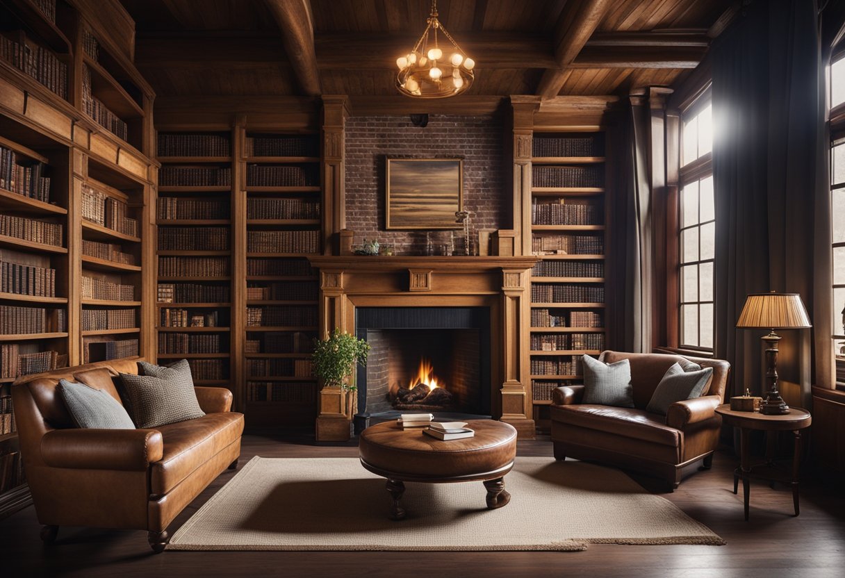 A cozy, dimly lit library with wooden bookshelves, a crackling fireplace, and comfortable seating. Sunlight filters through the curtains, casting a warm glow on the rustic decor