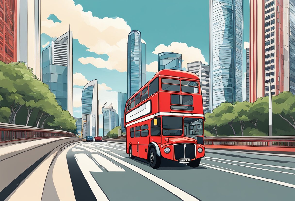 A red double-decker bus travels past iconic Singapore landmarks on a sunny day