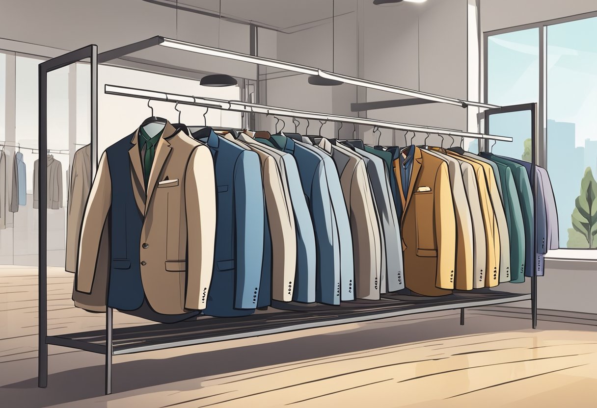 A row of neatly organized suits in various styles and colors, displayed on racks with price tags, in a well-lit and spacious suit rental shop