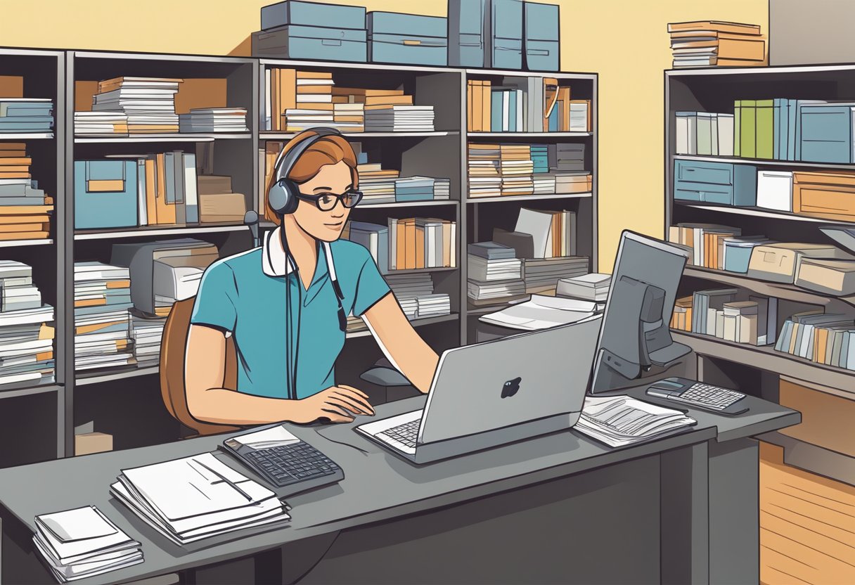 A customer service representative answering inquiries at a desk with a computer and a phone, surrounded by shelves of product catalogs and brochures