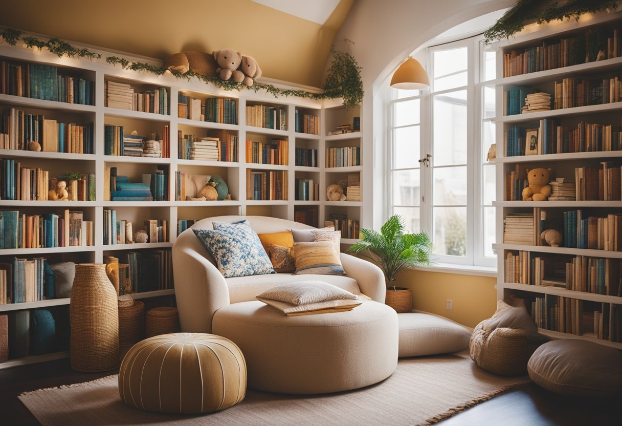 A cozy, sunlit room with floor-to-ceiling bookshelves, filled with colorful storybooks and comfy reading nooks. A whimsical reading nook with a canopy and plush cushions invites little readers to escape into their favorite stories