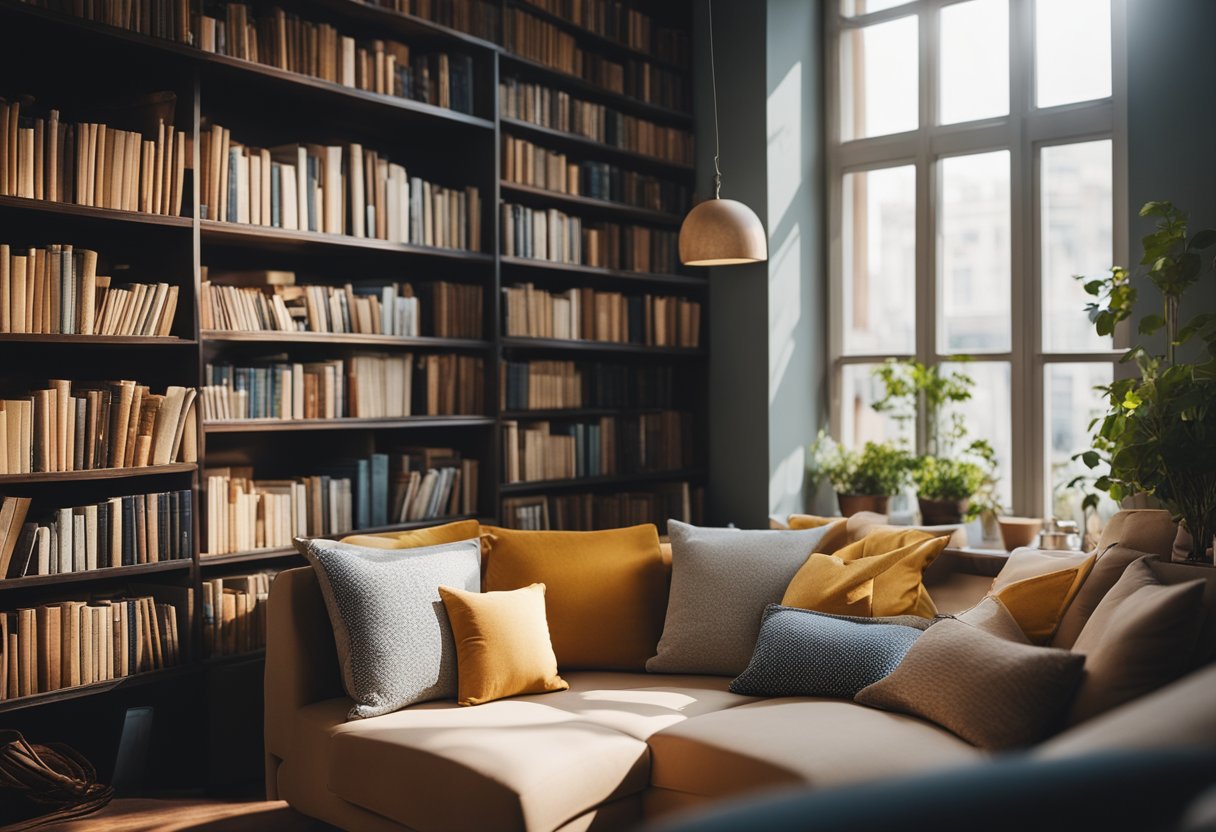 A cozy corner with a large window, filled with sunlight and surrounded by bookshelves. A comfortable reading nook with soft cushions and a small table for books and snacks