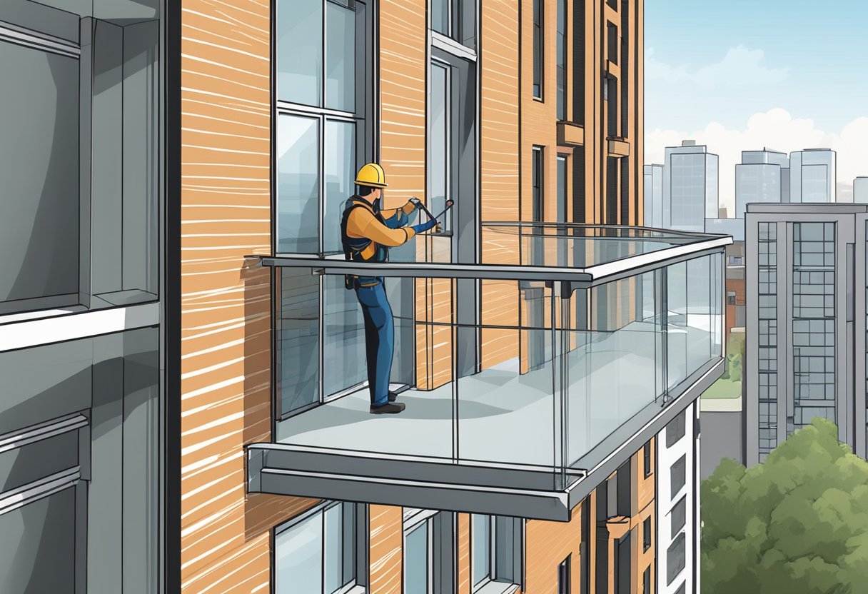 A technician carefully measures and installs invisible grilles on a high-rise building balcony. The sleek, modern design provides unobstructed views and maximum safety for residents