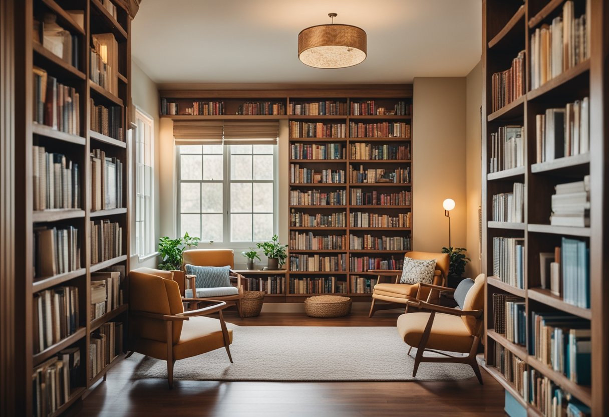 A cozy, well-lit home library with low shelves, soft seating, and wide aisles for easy access. Bright colors, whimsical decor, and accessible book storage make it a magical space for young readers