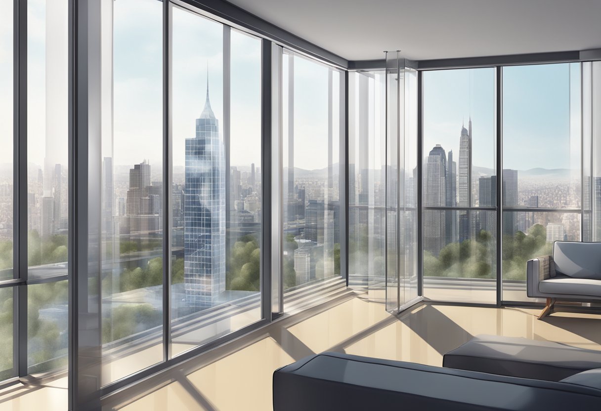A modern residential building with a clear view of the city skyline, featuring windows with invisible grilles installed for safety and security