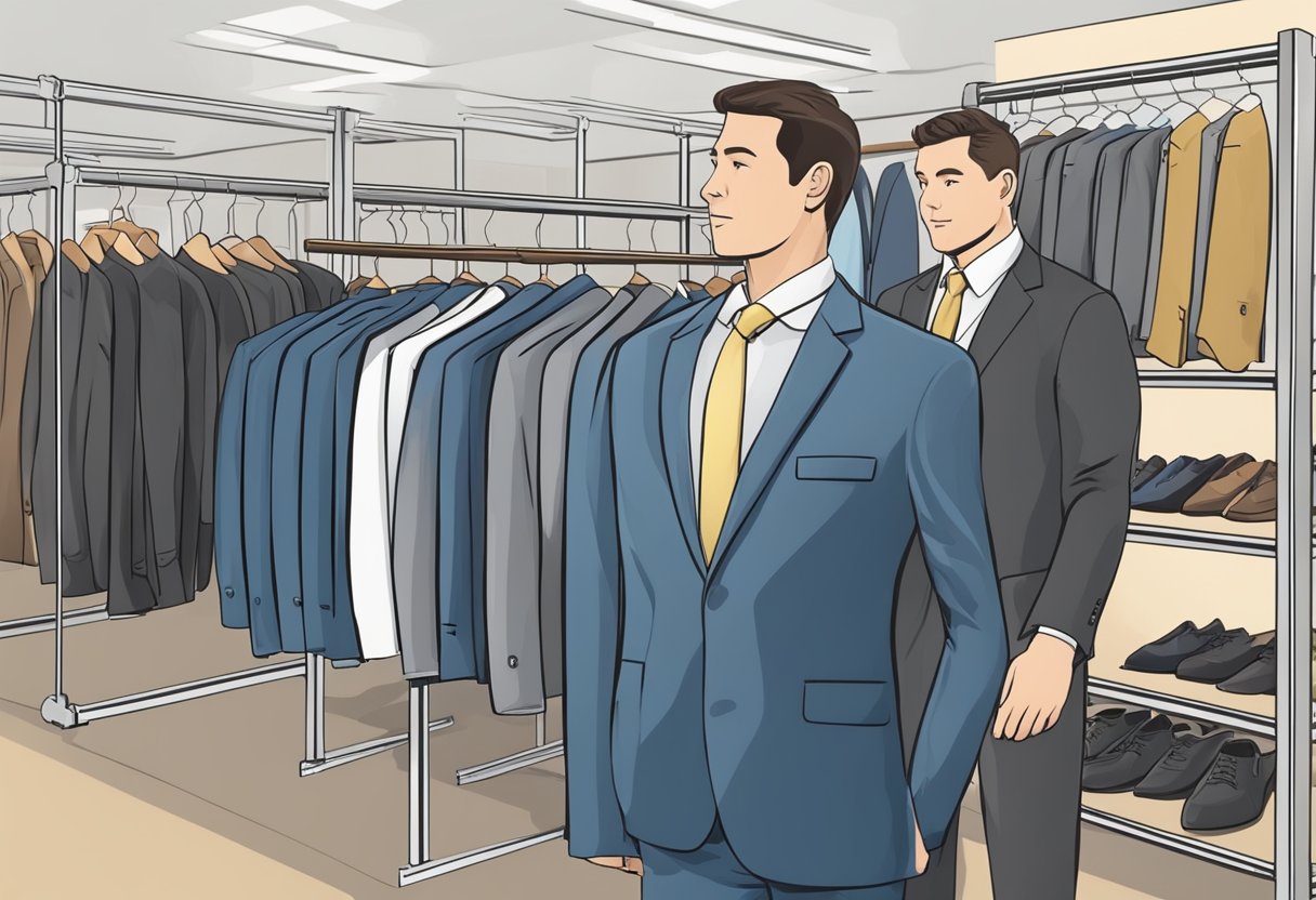 A customer selects a suit from a rack. A salesperson measures and fits the suit on the customer. The customer pays and leaves with the suit