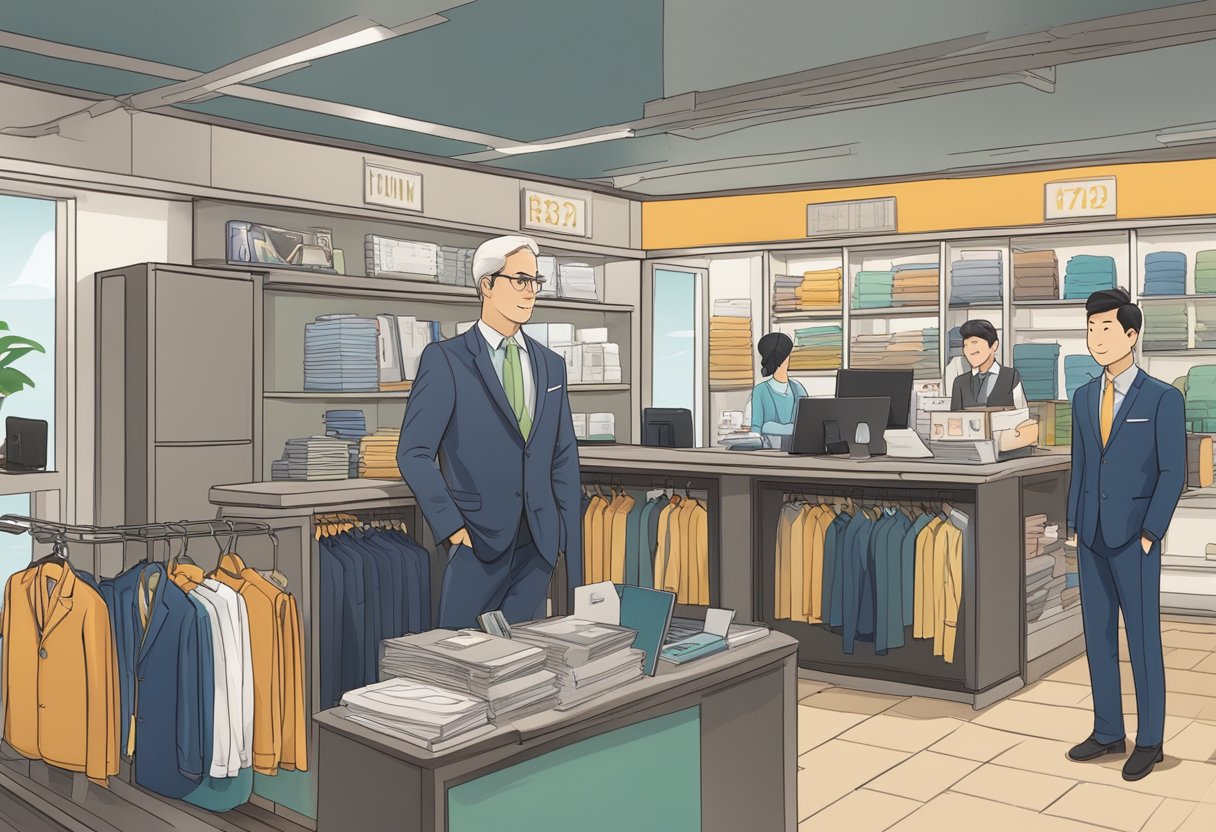 A bustling rental shop in Singapore with a display of suits, a customer service desk, and a sign that reads "Frequently Asked Questions."