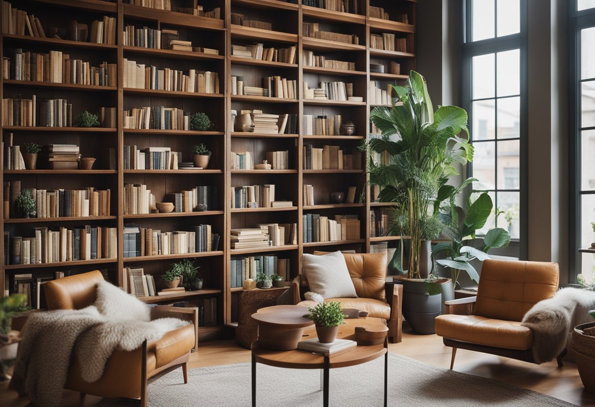 A cozy home library with sustainable materials, natural light, and potted plants. Recycled bookshelves and eco-friendly seating. Peaceful and inviting atmosphere