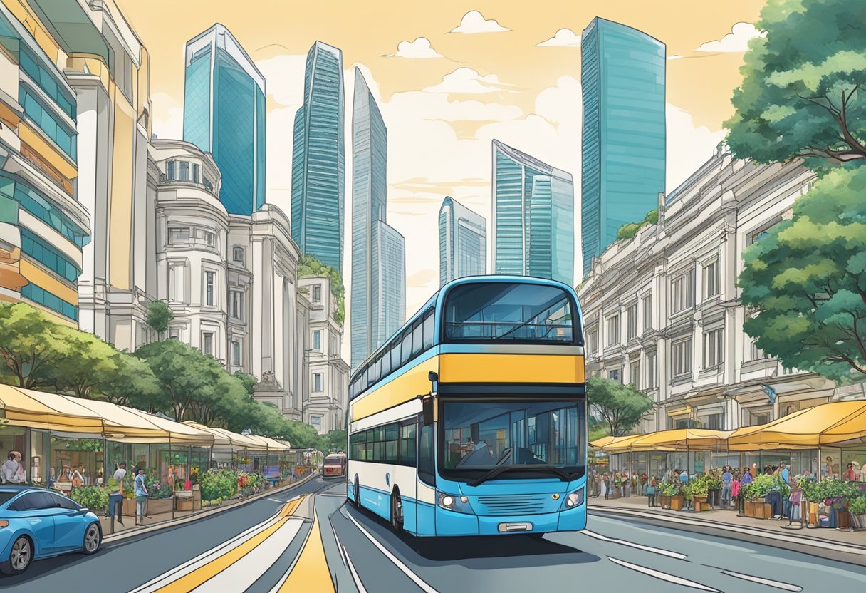 A double-decker bus driving through the bustling streets of Singapore, with iconic landmarks like the Marina Bay Sands and Gardens by the Bay in the background