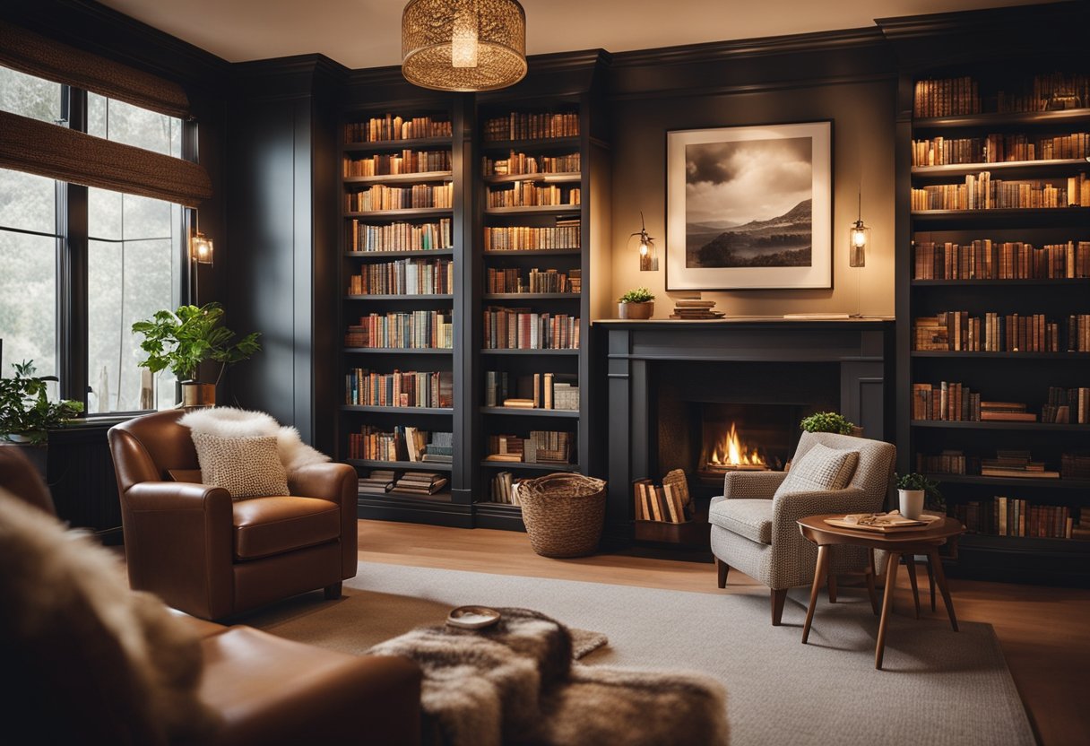 A cozy, well-lit home library with warm, inviting lighting and comfortable seating for children. Books line the shelves, creating a magical and enchanting atmosphere for young readers