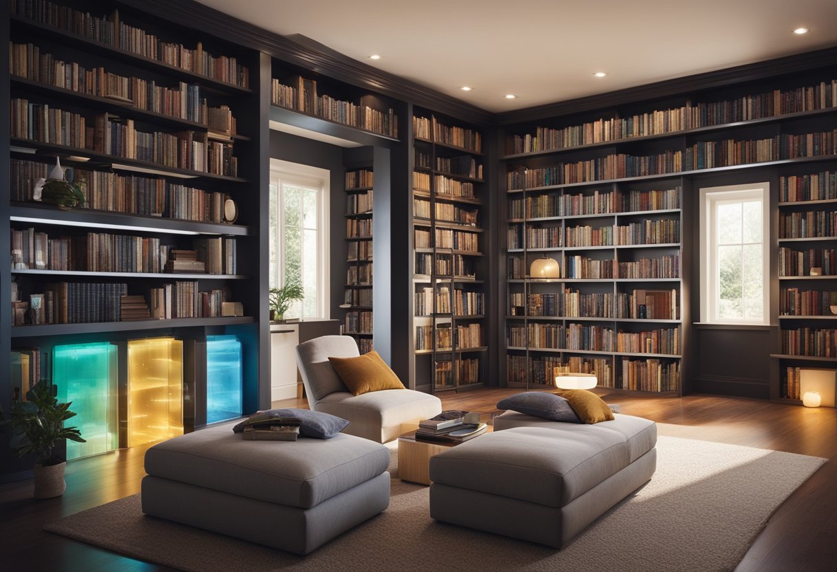 A cozy home library with glowing e-readers, interactive storybooks, and a holographic reading nook. Shelves filled with colorful books and a digital catalog for easy browsing