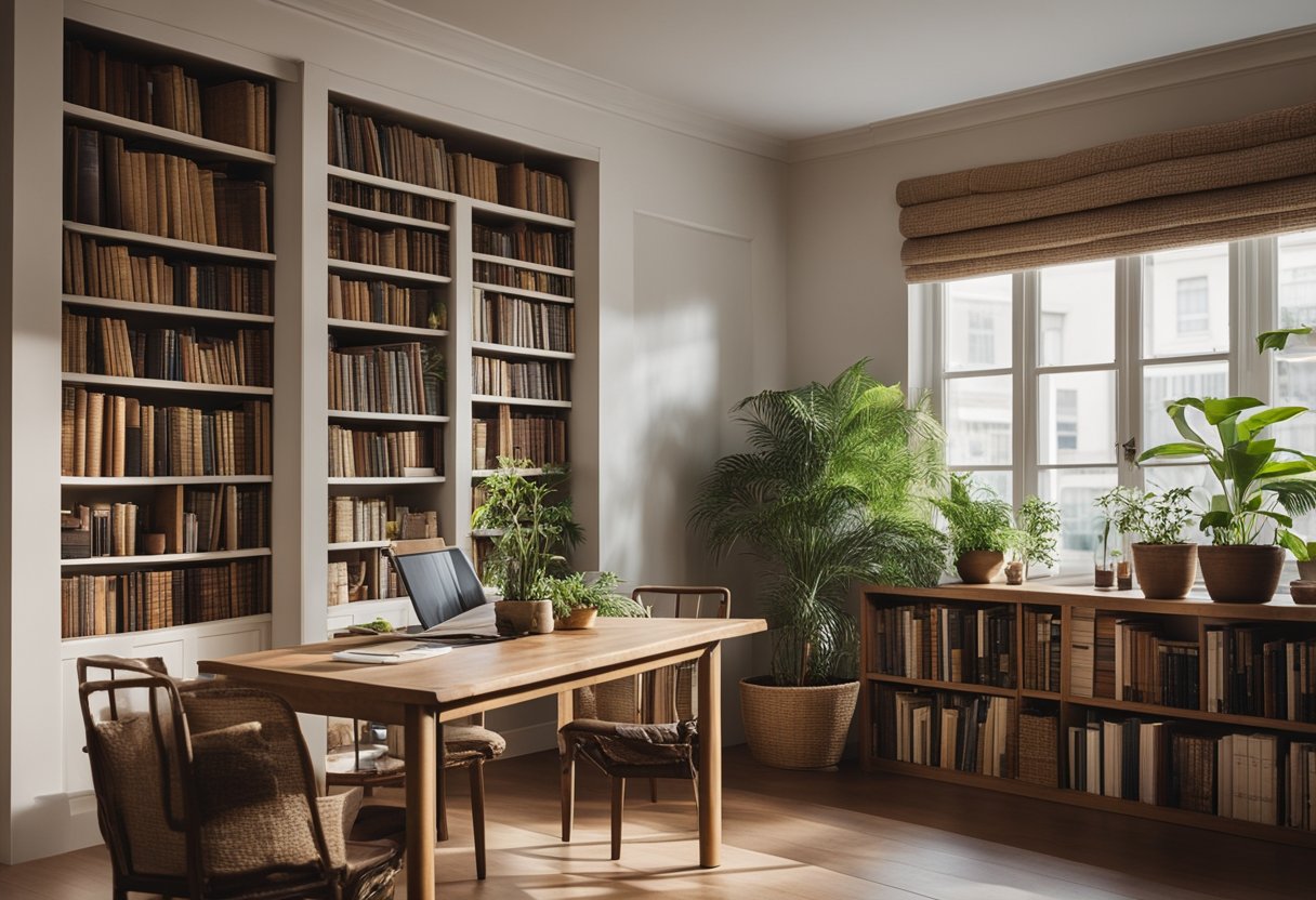 A cozy home library with shelves of recycled paper books and potted plants. A large window lets in natural light, and a reusable water bottle sits on the table