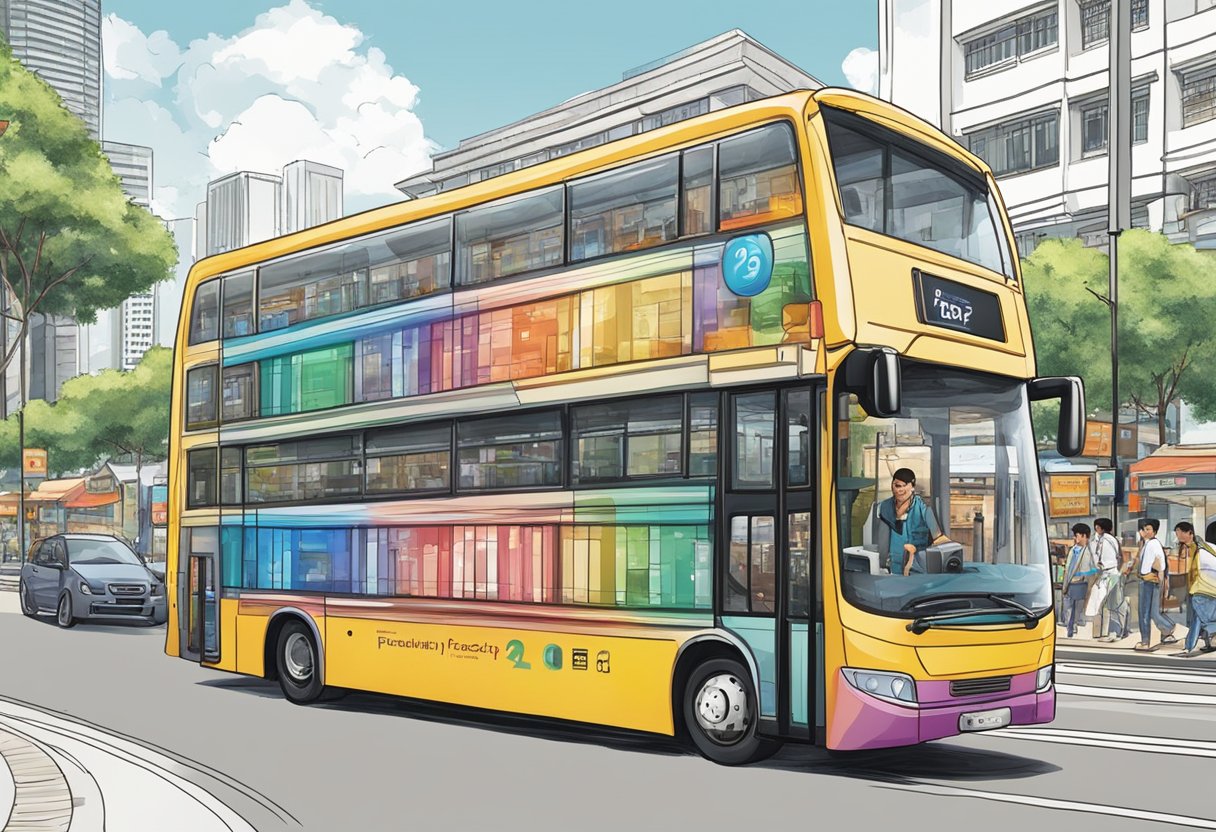 A colorful double-decker bus driving through the bustling streets of Singapore, with a prominent "Frequently Asked Questions" sign on its side