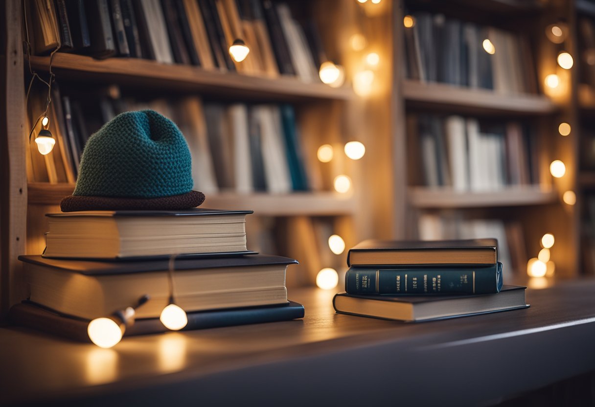 Books neatly arranged on shelves, cozy reading nook with cushions and blankets, soft lighting, colorful book covers, and a whimsical touch of fairy lights and decorations