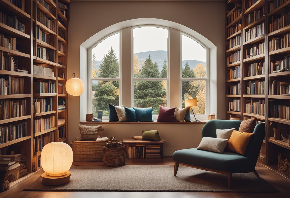 A warm, inviting reading nook with soft pillows, a snug blanket, and a glowing lamp. A bookshelf filled with colorful books and a comfy chair completes the magical home library