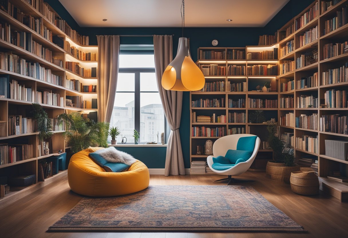 A cozy reading nook with colorful bookshelves, a soft rug, and a bean bag chair. A whimsical mobile hangs overhead, and a glowing reading lamp illuminates the space