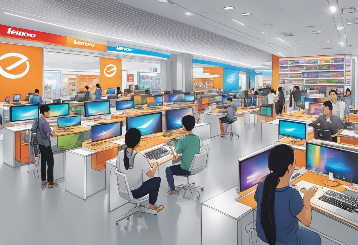 A bustling Lenovo store in Singapore, with sleek displays and bright lights showcasing the latest technology products