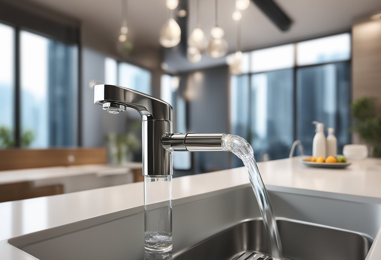 A faucet pouring clear tap water into a glass in a modern kitchen in Singapore