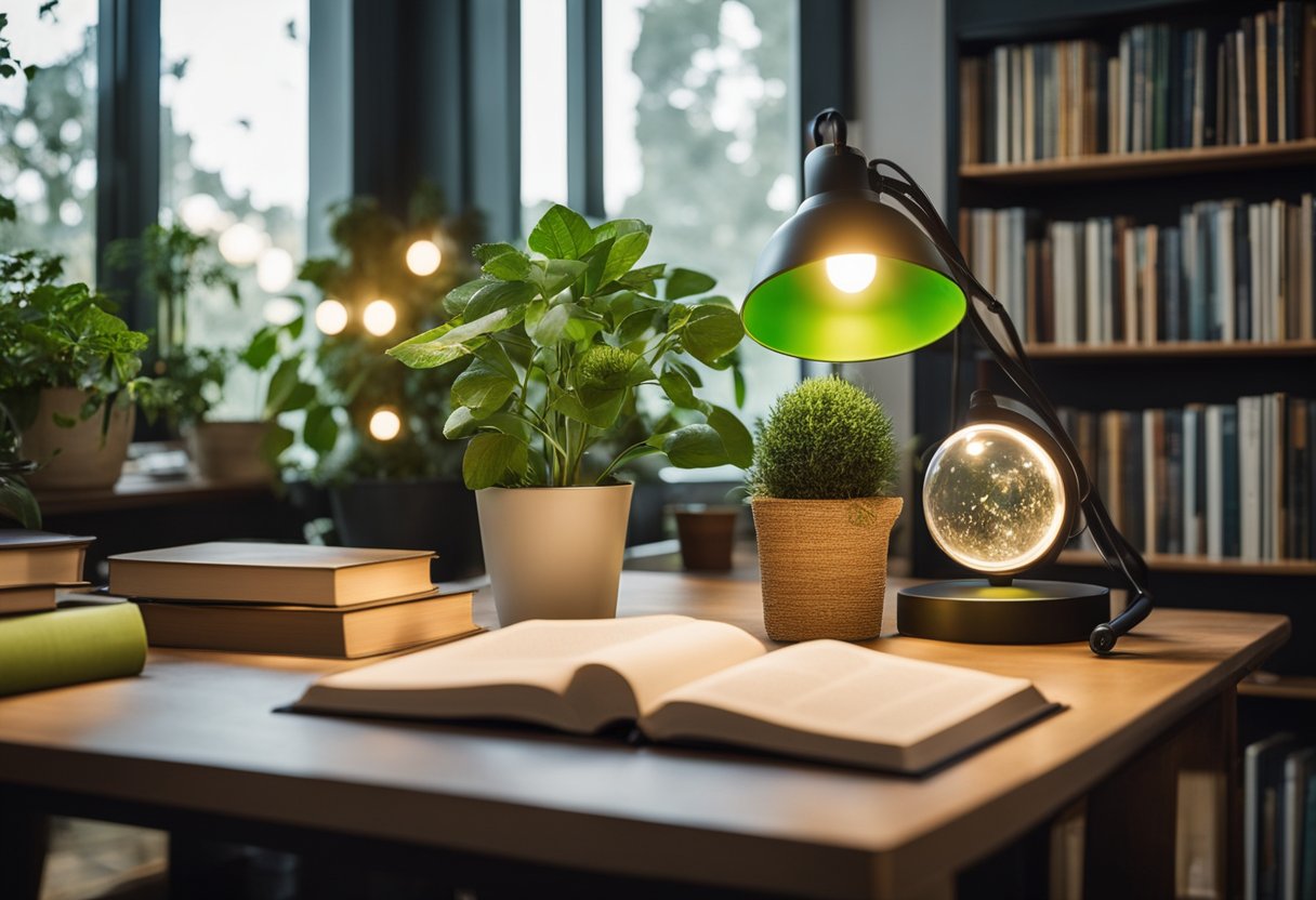 A cozy home library with sustainable lighting, featuring energy-efficient LED bulbs and natural sunlight through large windows. Eco-friendly materials and plants add to the green atmosphere