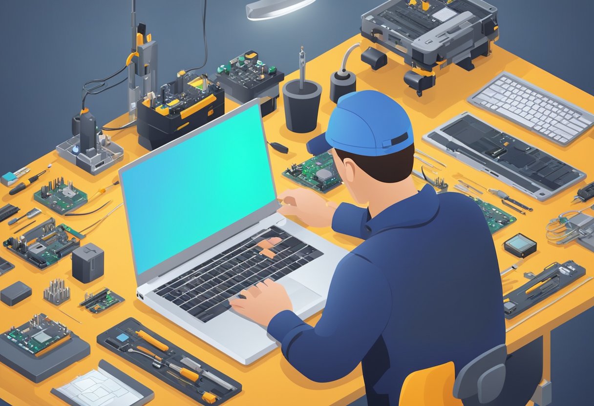 An open laptop on a workbench, surrounded by tools and electronic parts. A technician is focused on repairing the device