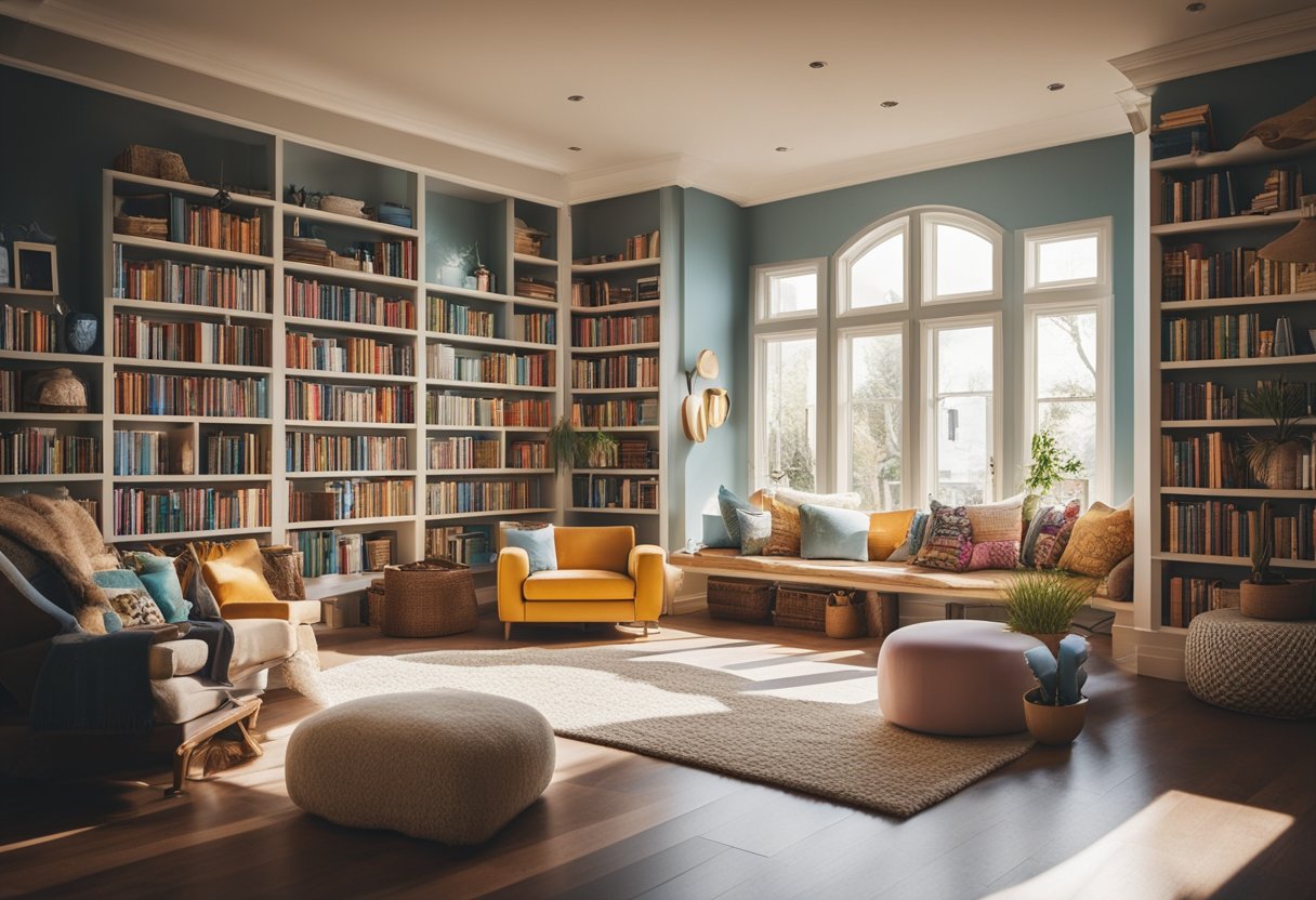 A cozy, sunlit room with floor-to-ceiling bookshelves, filled with colorful and enchanting storybooks. Soft, plush seating areas invite little readers to curl up with their favorite tales