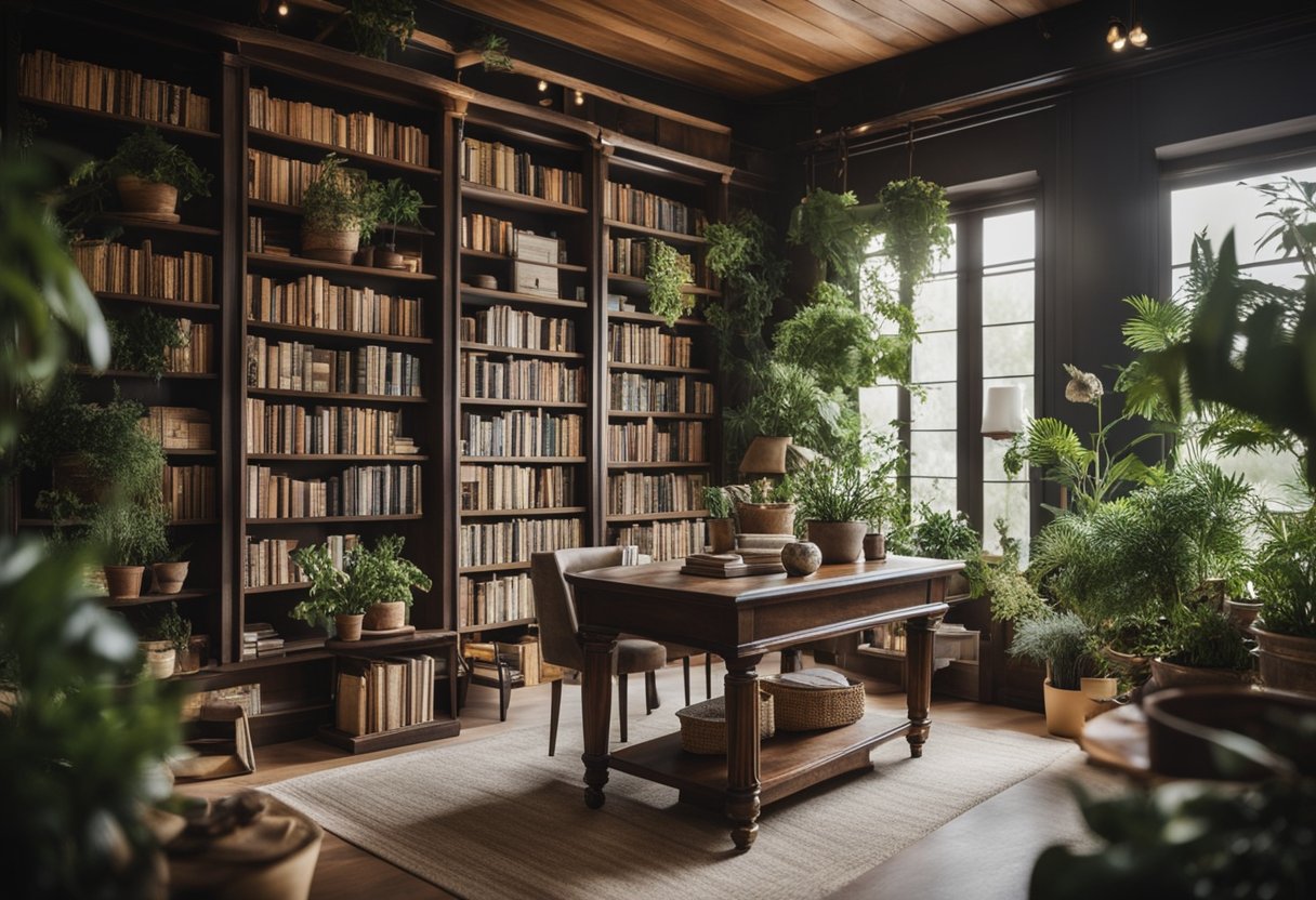 A cozy home library with shelves filled with books, surrounded by potted plants and natural elements like wood and stone. The space feels inviting and eco-friendly