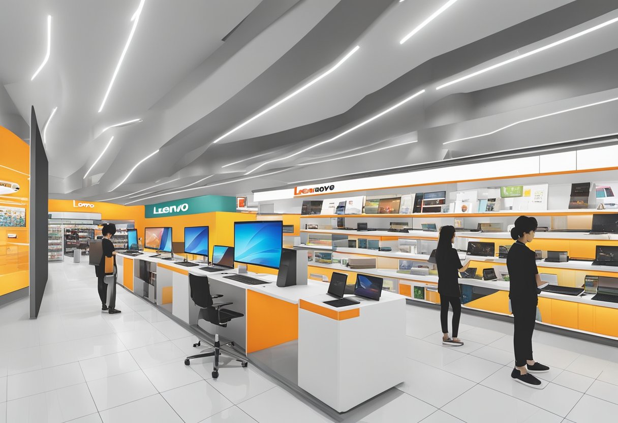 Customers browse Lenovo laptops, tablets, and accessories in a modern, spacious store in Singapore. Bright displays showcase the latest technology
