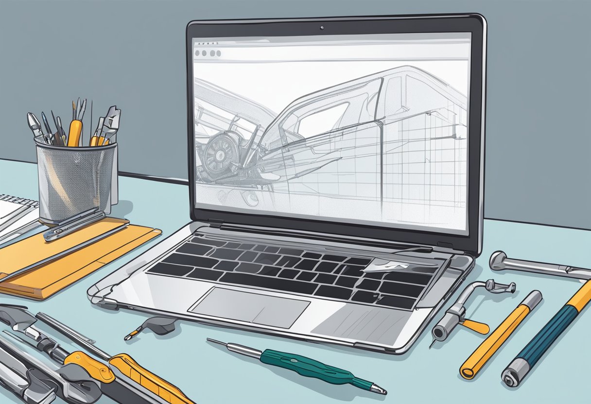 A laptop with a cracked screen sits on a desk next to a toolkit and a technician's manual. The technician's hand reaches for a screwdriver