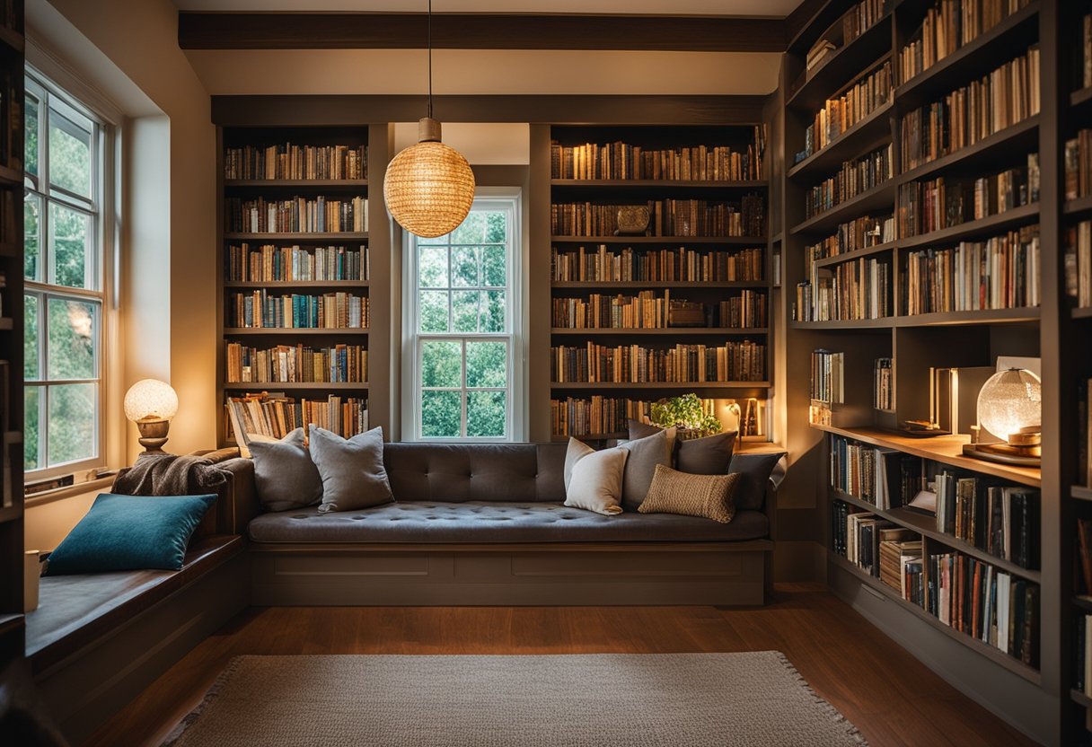 A home library with shelves filled with repurposed materials, recycled book covers, and upcycled decor. A cozy reading nook with eco-friendly lighting and sustainable furniture
