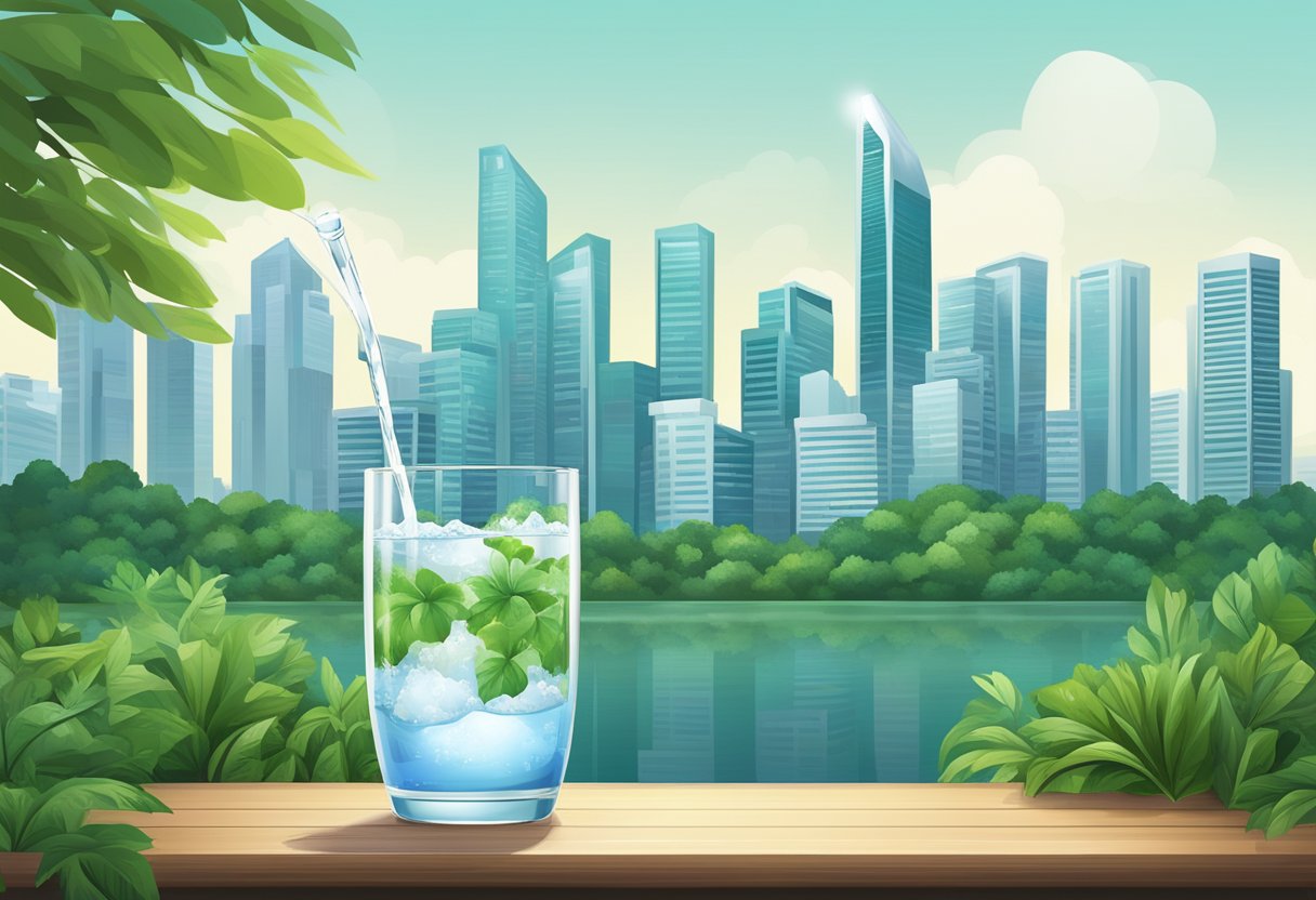 Clear glass filled with Singapore tap water, surrounded by lush greenery and modern city skyline