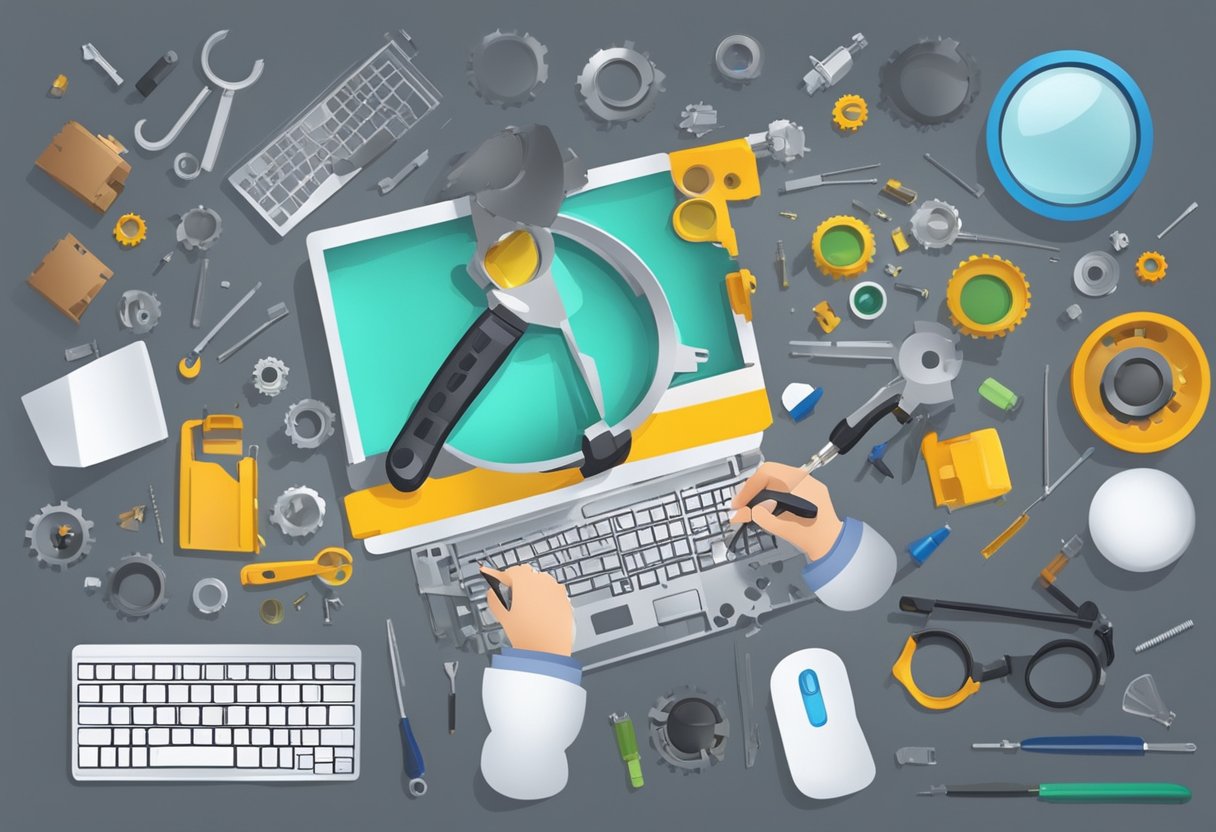 A technician replaces a laptop's keyboard, using a screwdriver to carefully remove and install the keys. A magnifying glass and small parts are scattered on the workbench