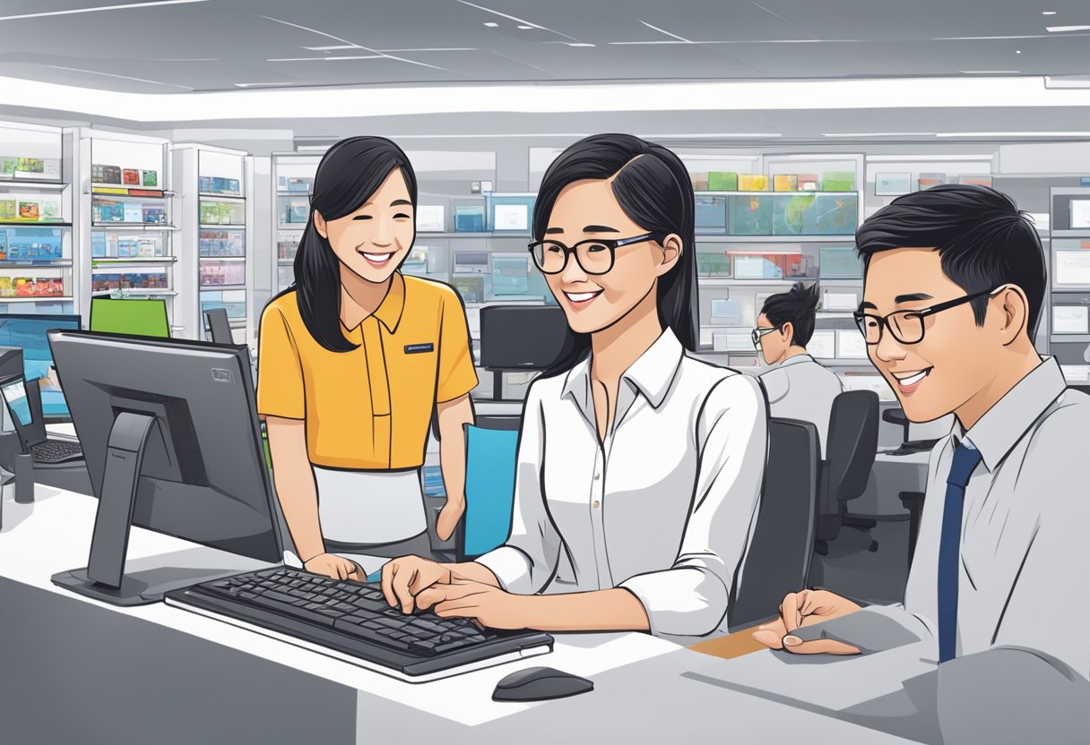 A customer service representative at Lenovo store in Singapore assists a customer with a smile, while other staff members are seen attending to other customers