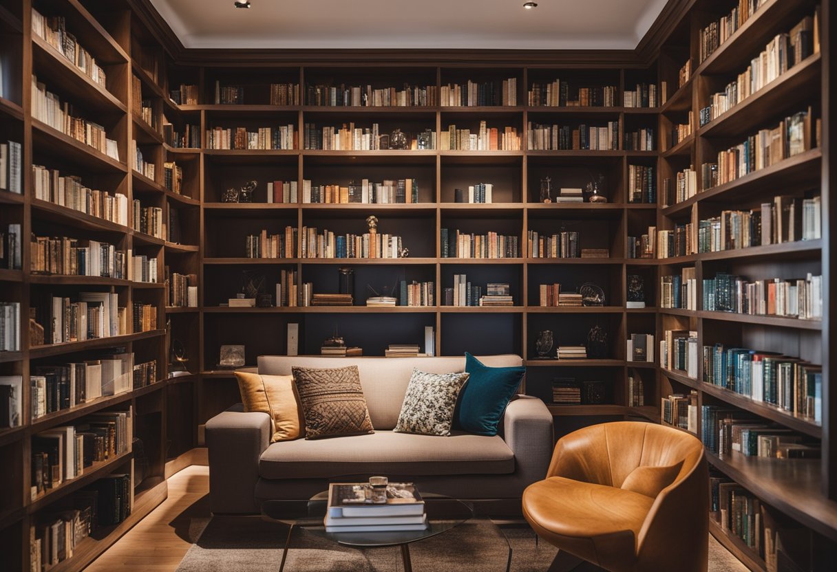 A cozy home library with art adorning the walls, books neatly arranged on shelves, and a comfortable reading nook