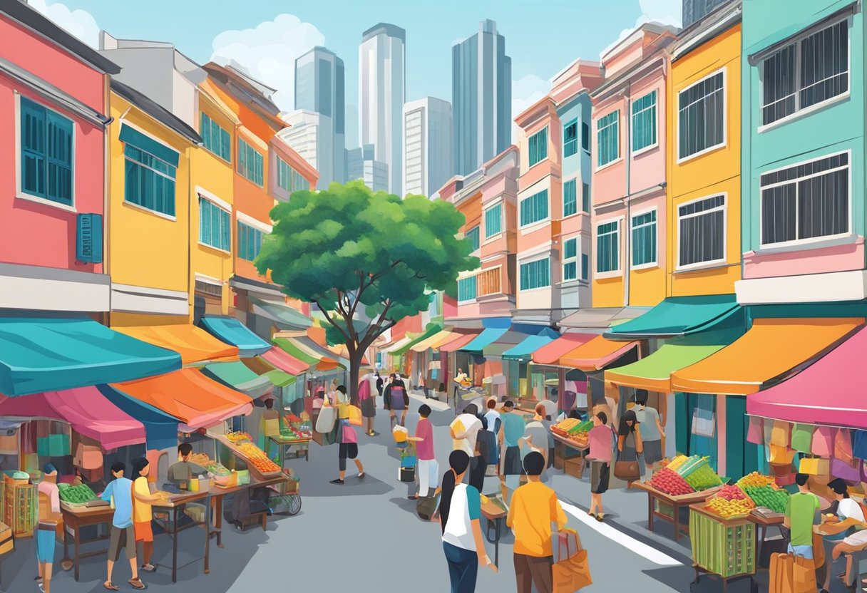 A bustling street in Singapore with colorful buildings and vibrant street vendors