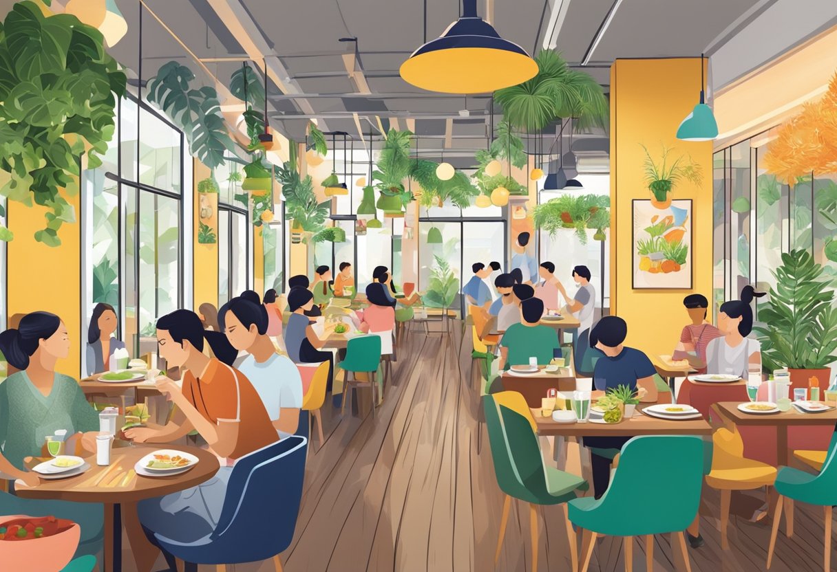 A bustling vegetarian restaurant in Singapore with colorful decor and a variety of plant-based dishes being served to happy customers