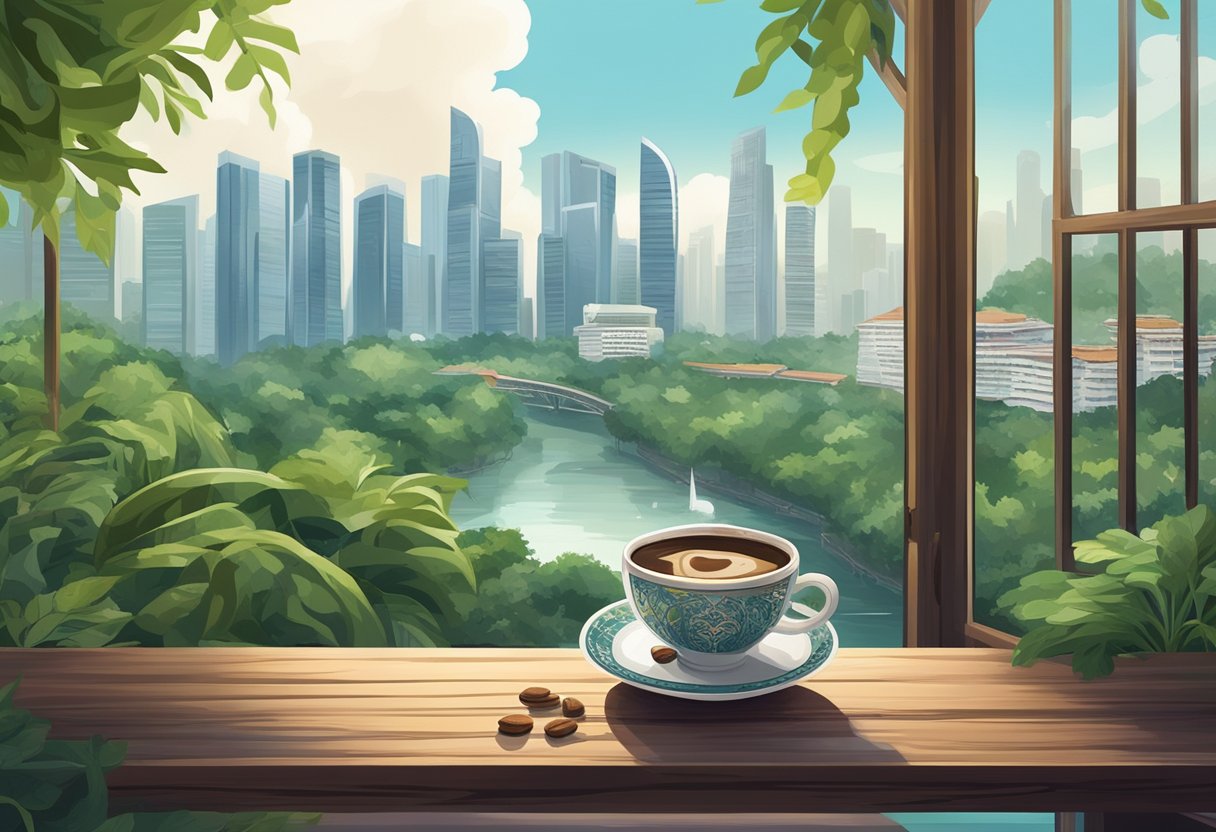 A steaming cup of coffee sits on a rustic wooden table, surrounded by lush greenery and the bustling cityscape of Singapore in the background