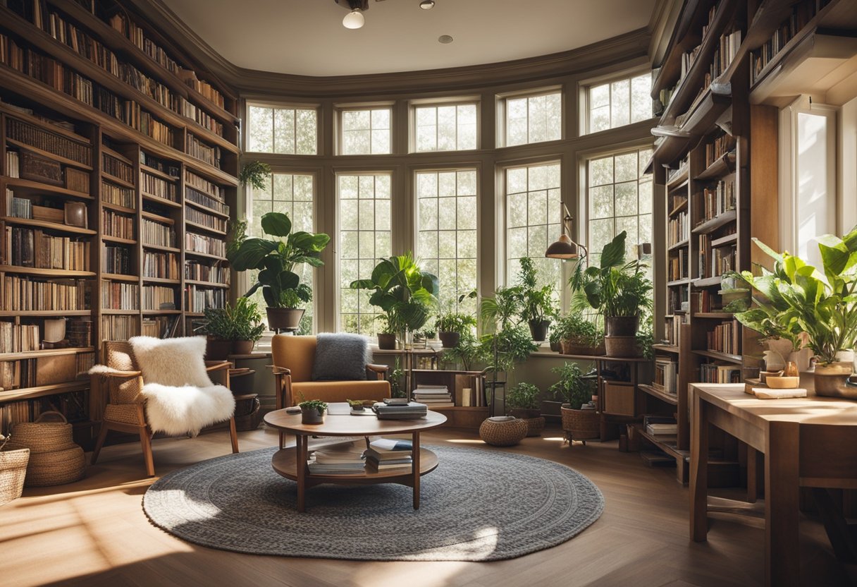 A cozy home library with sustainable design features, such as energy-efficient lighting and recycled materials. A large window provides natural light, and shelves are filled with books and potted plants