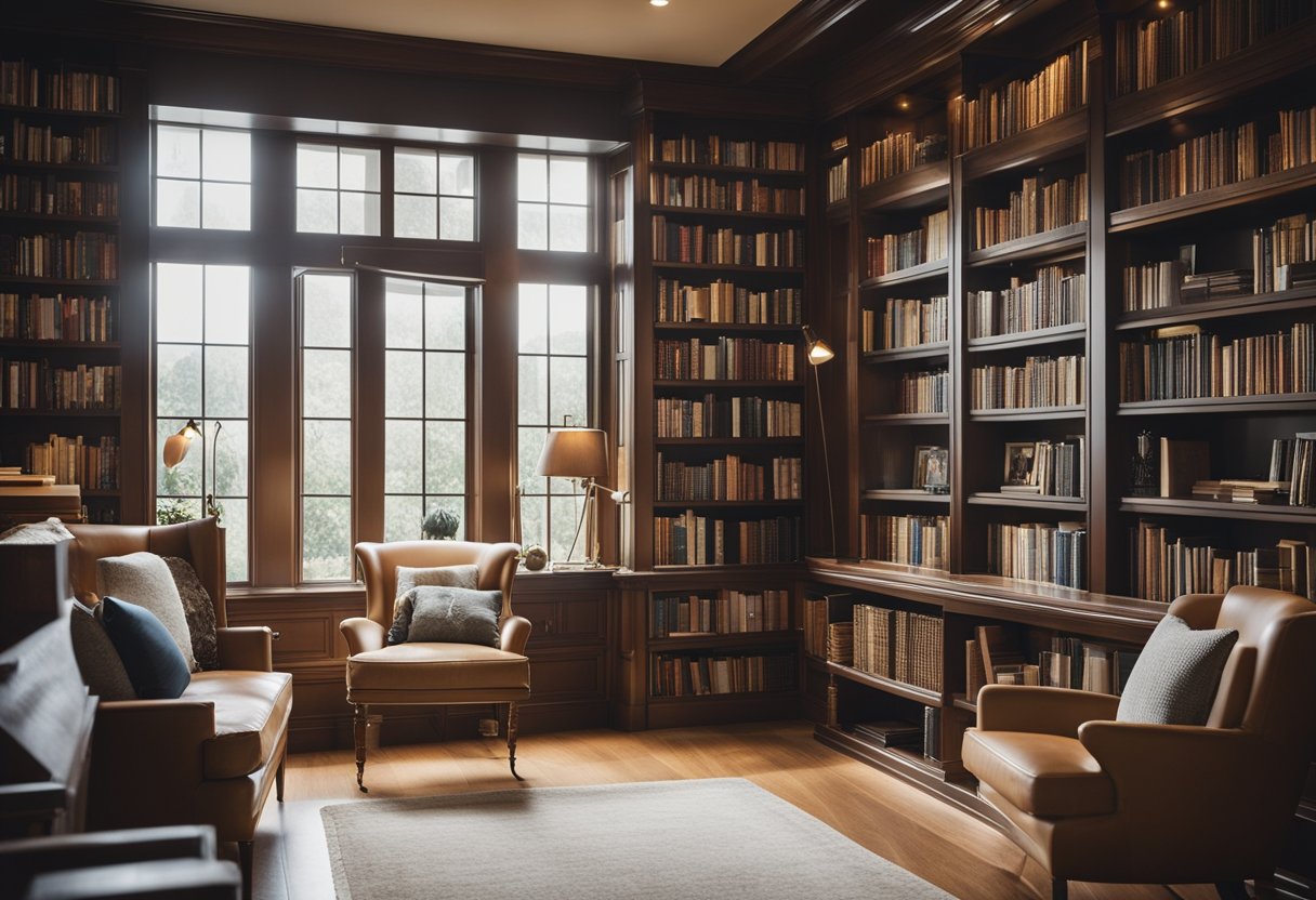 A cozy home library with bookshelves, comfortable seating, and art displayed on the walls. A large window lets in natural light, creating a warm and inviting atmosphere