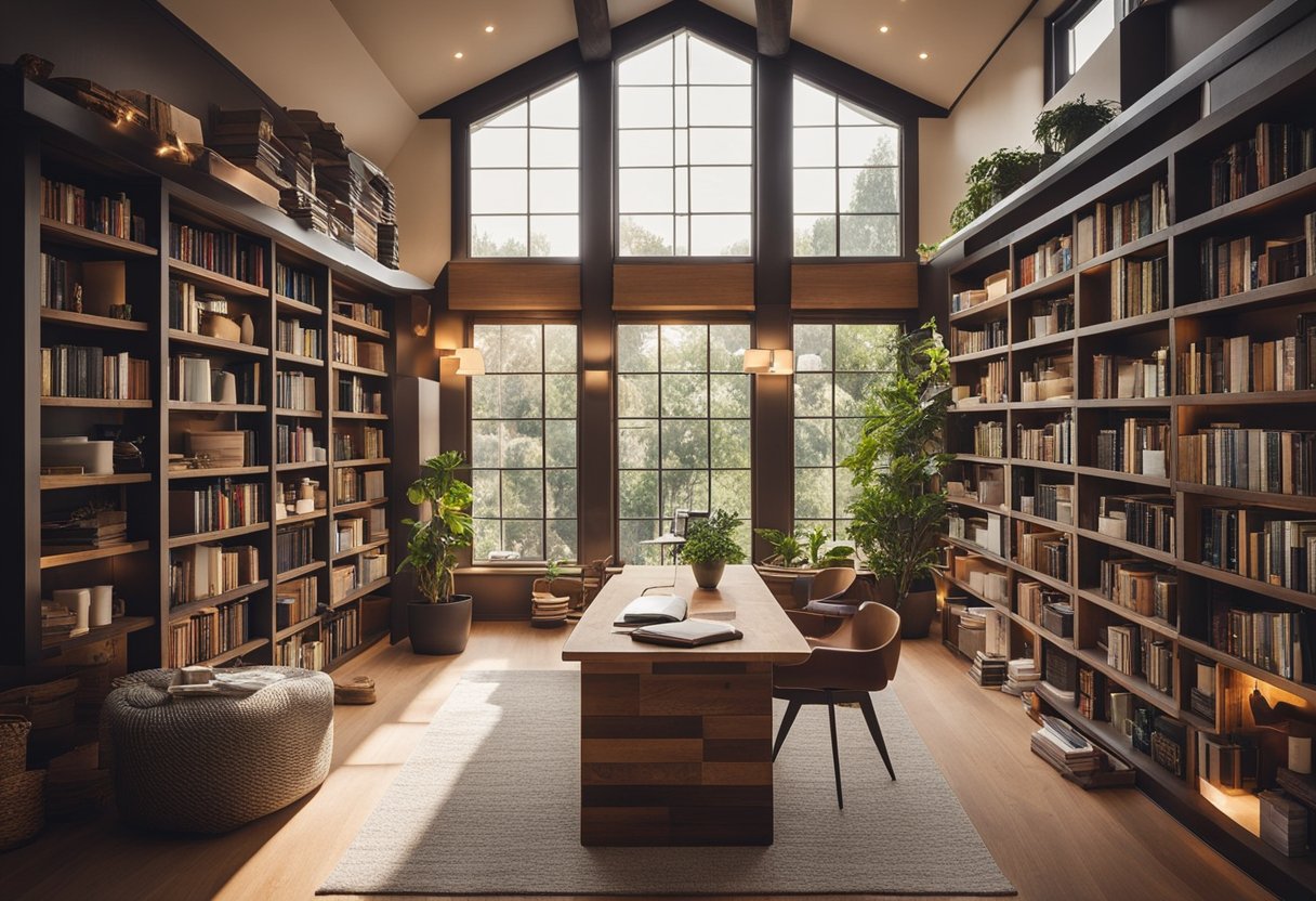 A cozy home library with natural light, shelves made from reclaimed wood, energy-efficient LED lighting, and a recycling station for paper and plastic
