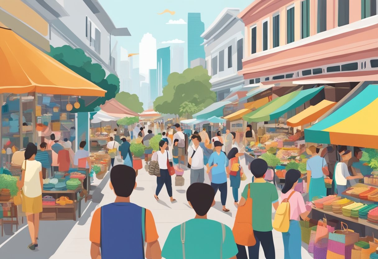 A bustling market street in Singapore, filled with colorful stalls and vibrant displays of handmade crafts and unique items, with tourists and locals browsing and chatting with the friendly vendors
