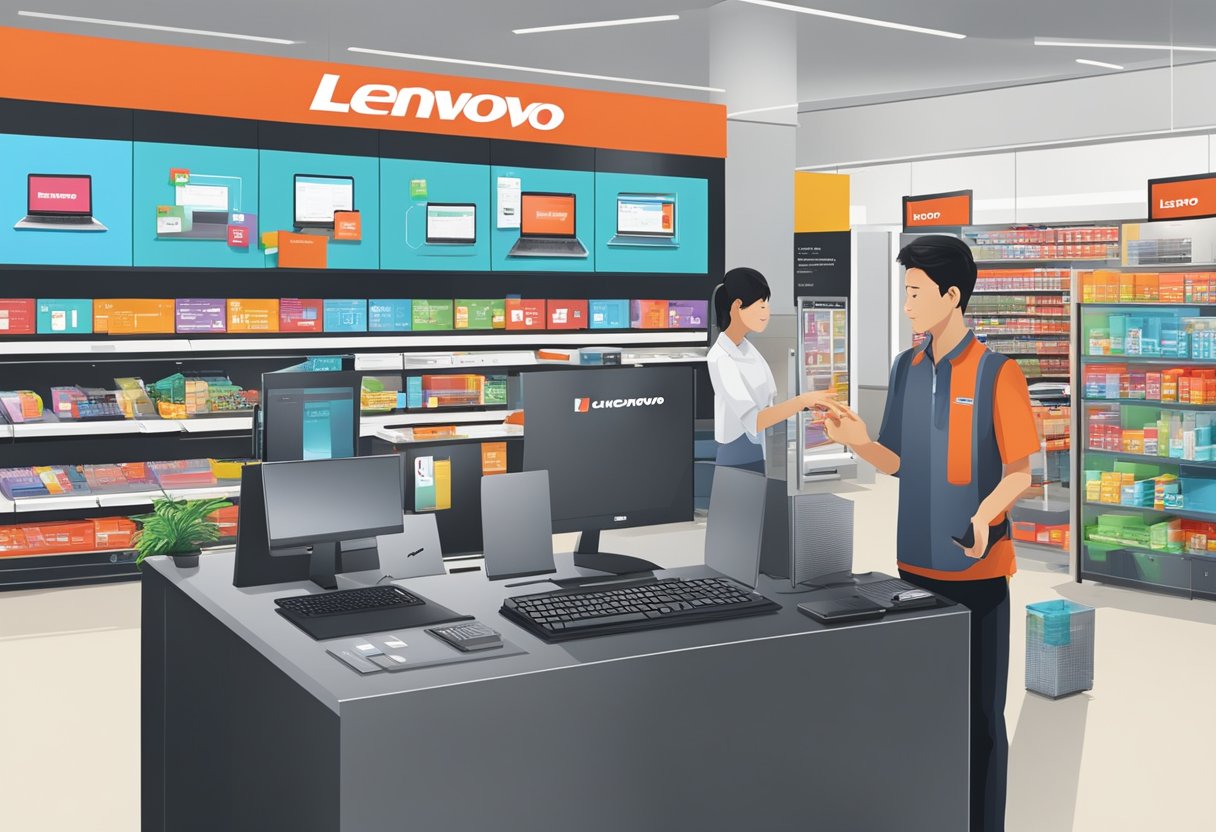 Customers browsing Lenovo products in a modern Singapore store, with helpful staff and clear FAQ signage