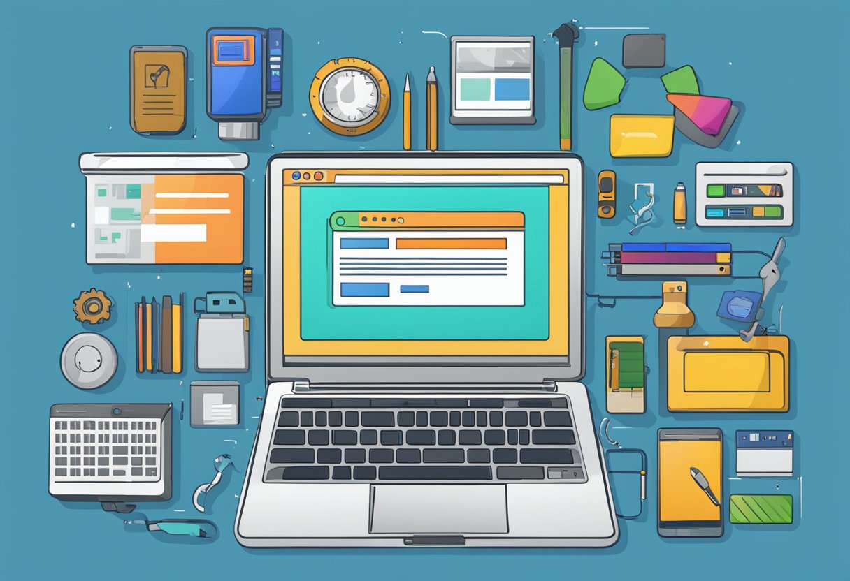 A laptop with a "Frequently Asked Questions" webpage open, surrounded by various tools and computer parts