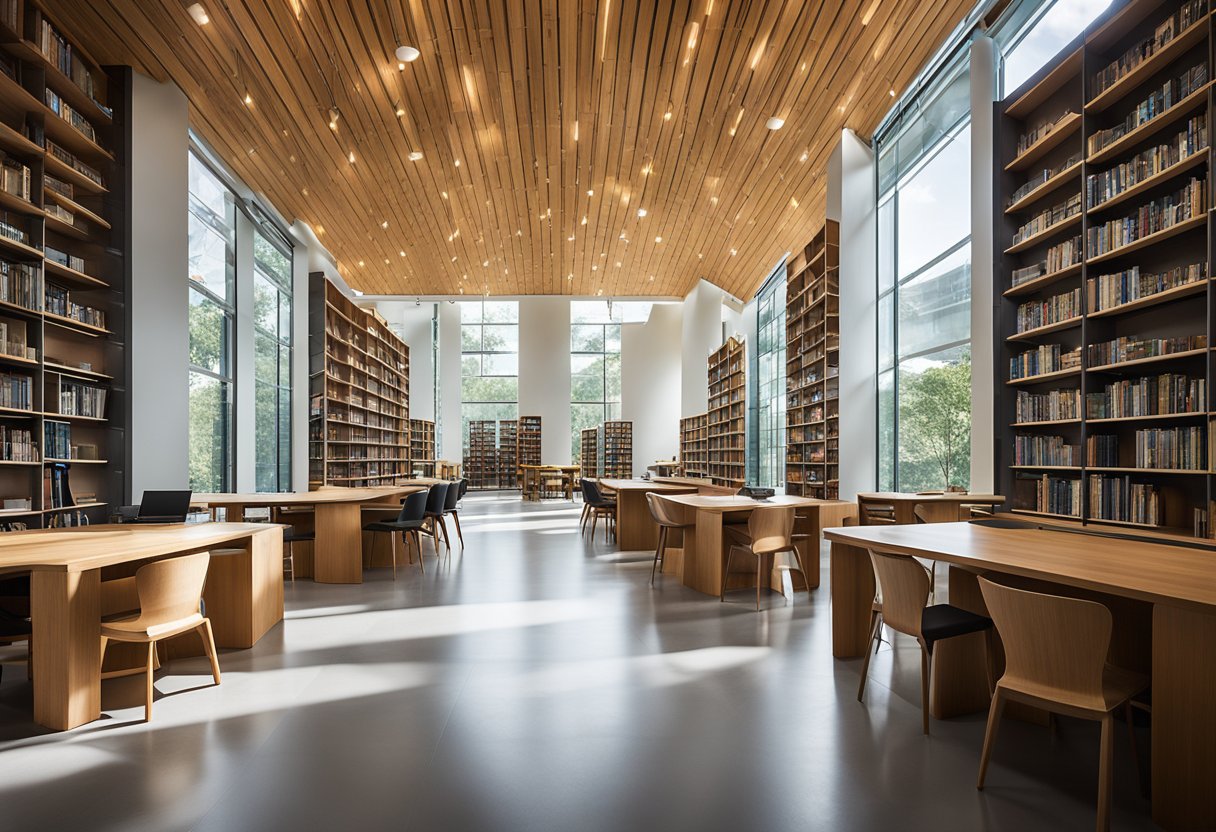 The library is bathed in natural light, with large windows and skylights maximizing daylight. LED lighting is strategically placed to minimize energy consumption. The space features sustainable materials such as bamboo flooring and recycled wood furniture