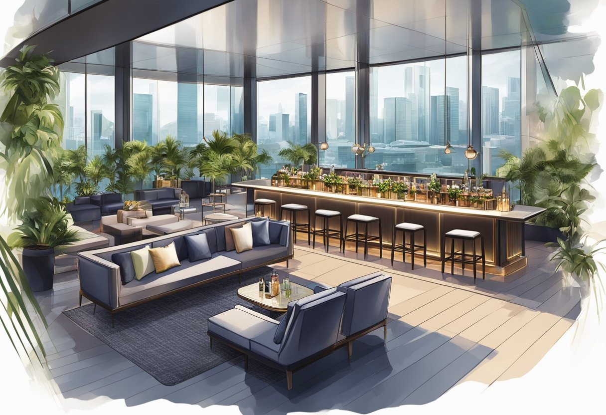 The vibrant Cé La Vi Singapore rooftop bar overlooks the city skyline, with sleek modern furniture and lush greenery creating a chic and sophisticated atmosphere