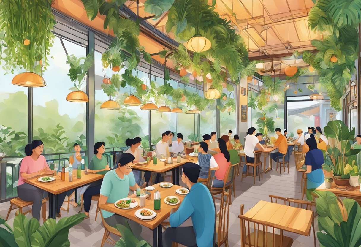 A bustling Singapore vegetarian restaurant, with vibrant decor and a diverse array of plant-based dishes, patrons enjoying flavorful meals and lively conversation